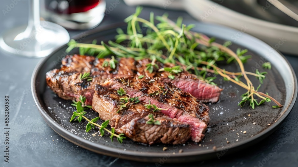 Sizzling wagyu steak with herbs on a plate, paired with a glass of red wine Sizzling wagyu steak with herbs on a plate, paired with a glass of red wine