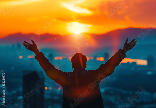 A silhouette of an overjoyed man with his hands outstretched with sunrise in the background symbolizing freedom