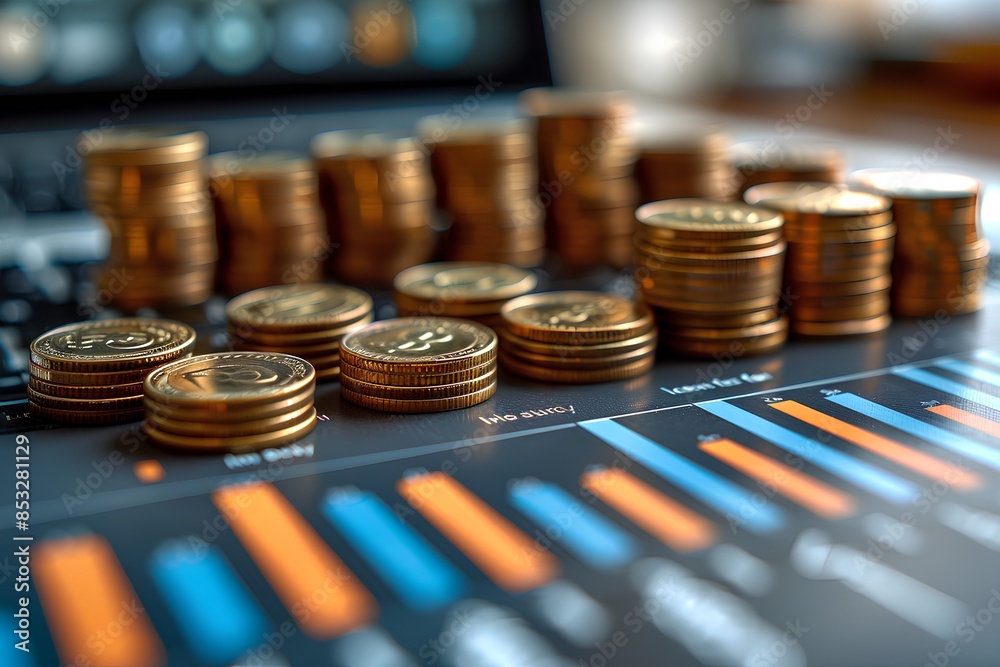 Illustration of coins and graphs on financial charts, representing money management or stock market exploration. A close-up shot focuses only on the chips with detailed textures. Illustration of coins and graphs on financial charts, representing money management or stock market exploration. A close-up shot focuses only on the chips with detailed textures.