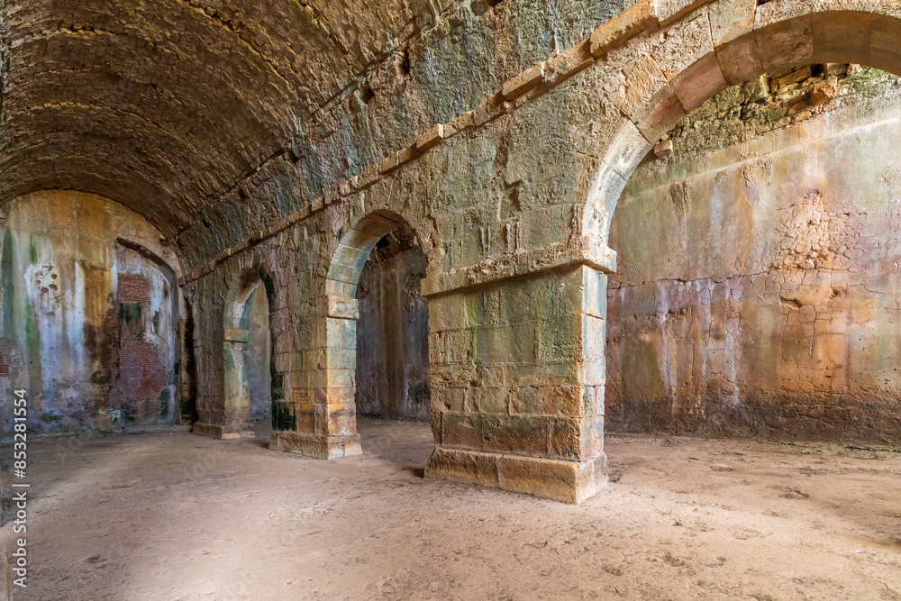 Fototapeta premium Europe, Greece, Crete, Chania, Aptera. Urban and political center of ancient Aptera. Roman ruins. Three vaulted ancient cistern.