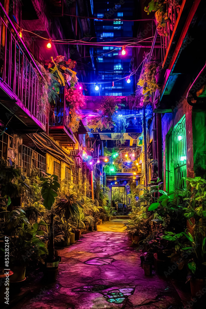 A man stands in a brightly lit alleyway with colorful lights. A man stands in a brightly lit alleyway with colorful lights.