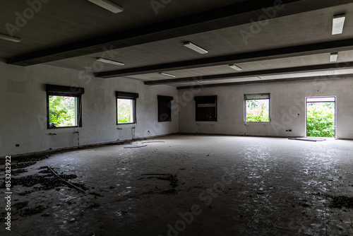 ampia vista panoramica su una stanza vuota e sporca, con le pareti bianche, di un edificio abbandonato, sommerso dalla vegetazione, di giorno photo