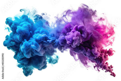 two seperate blue and purple smoke merging isolated on white background