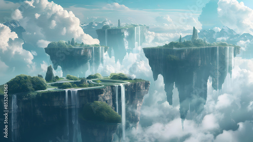 A surreal landscape with floating islands and waterfalls.