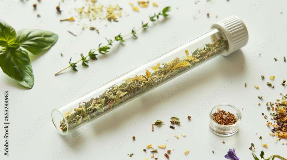 test tube with dried basil spice test tube with dried basil spice