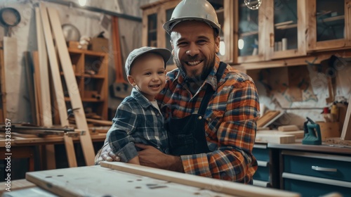 Cheerful young male carpenter and his son working in workshop 