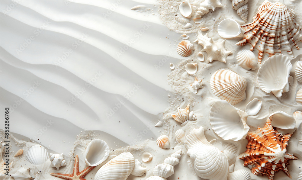 White sand with seashells background with copy space