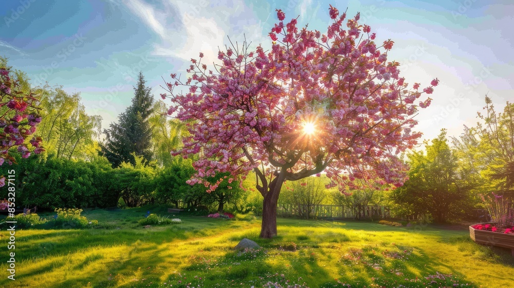 Flourishing tree in a garden during springtime Lovely natural backdrop of spring