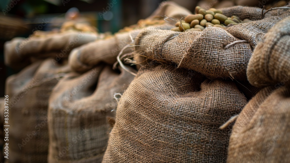A pile of bags of beans are stacked on top of each other A pile of bags of beans are stacked on top of each other