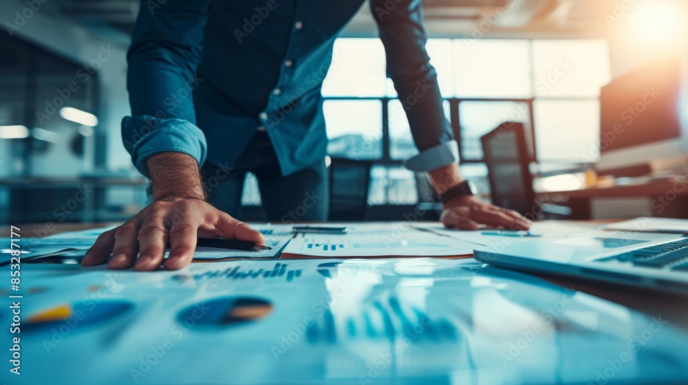 Business professional analyzing colorful financial graphs on paper Business professional analyzing colorful financial graphs on paper