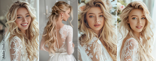 beautiful bride portrait on their wedding day image collection, beautiful bride with white long hair on her wedding day, set of 4 photos