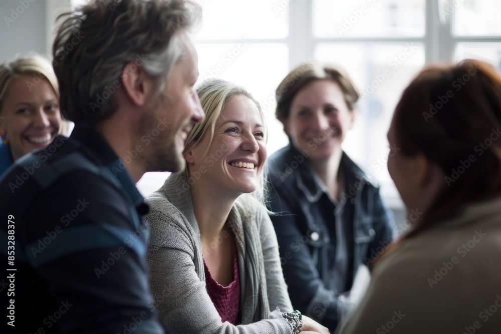 Group of happy students sharing their ideas at a lecture in a classroom