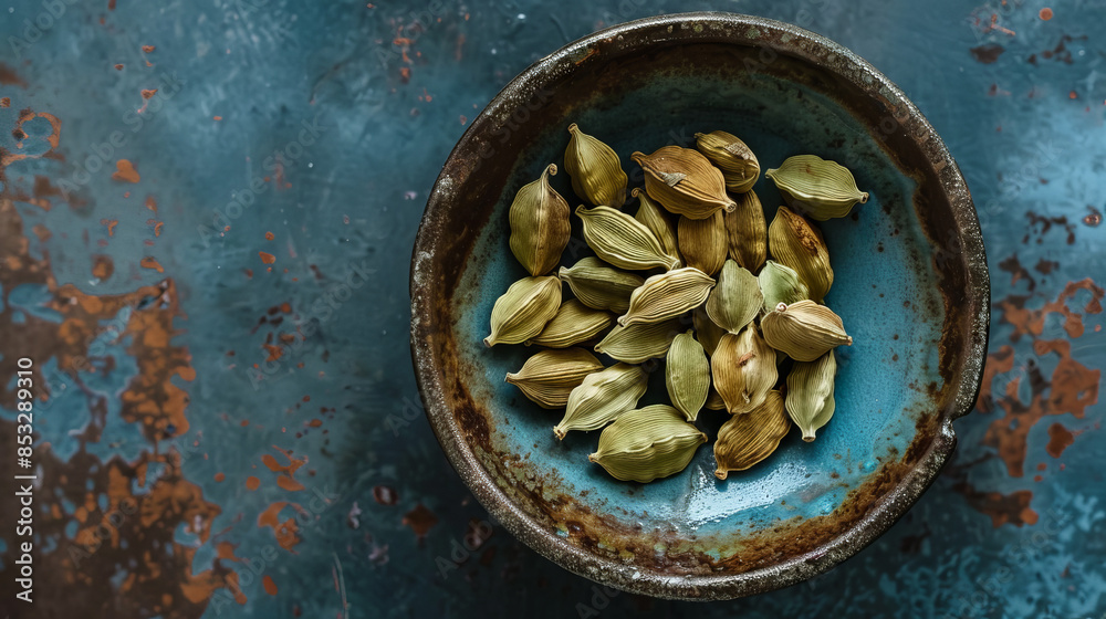 small saucer with dried cardamom spice small saucer with dried cardamom spice