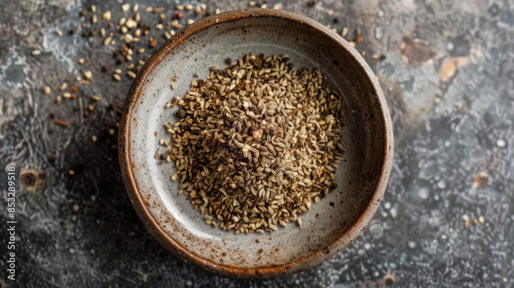small saucer with dried celery seed spice small saucer with dried celery seed spice