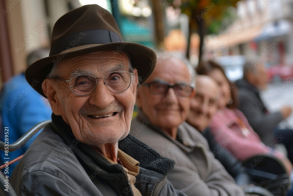 Portrait of a smiling senior man in a hat and glasses sitting on a bench in the city. Portrait of a smiling senior man in a hat and glasses sitting on a bench in the city.