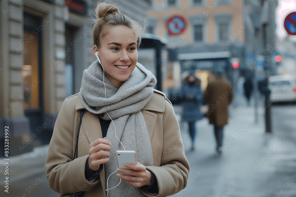 Obraz premium A beautiful Swedish woman listening to music using earphones and smiling