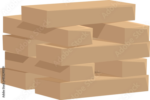Large stack of cardboard boxes balancing precariously forming a tower, ready to collapse