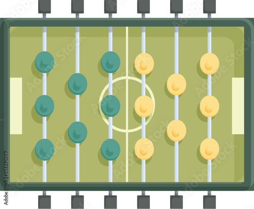 Table football game with green playing field and yellow and green players is standing on isolated background