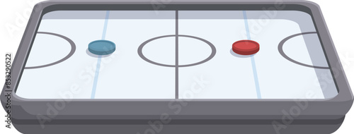 Air hockey table with pucks is waiting for players to start the match