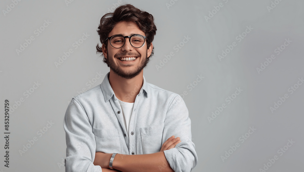 Young smiling man wearing glasses and crossed arms with light grey background with copy space Young smiling man wearing glasses and crossed arms with light grey background with copy space