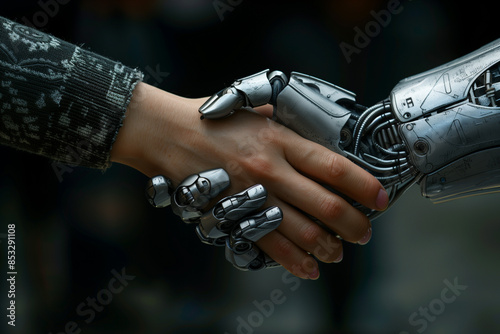 Arms of a man and a robot shaking hands. Humans and robots cooperating. Good use of artificial intelligence.