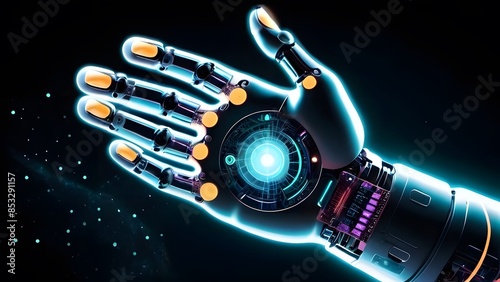 An ultra-surreal nebula-style circuit with glowing dots with a robot hand photo