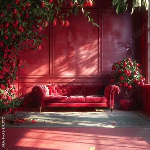 classic red retro sofa in an old villa photo