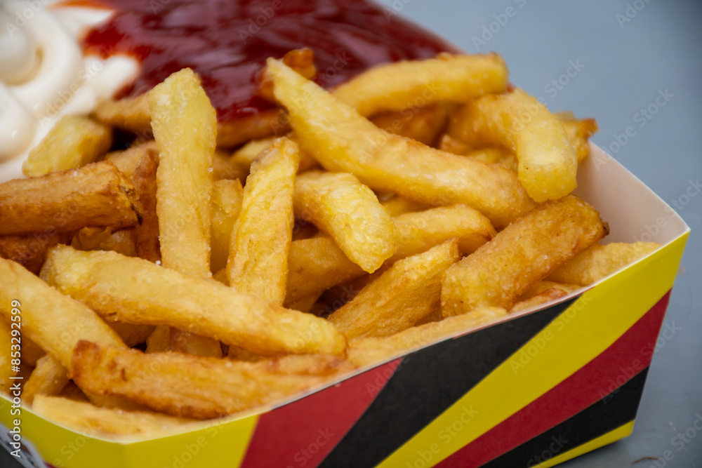 Belgian street and fast food, paper box in colors of Belgian flag with fried potato frit chips and ketchup and mayonnaise sauсe Belgian street and fast food, paper box in colors of Belgian flag with fried potato frit chips and ketchup and mayonnaise sauсe