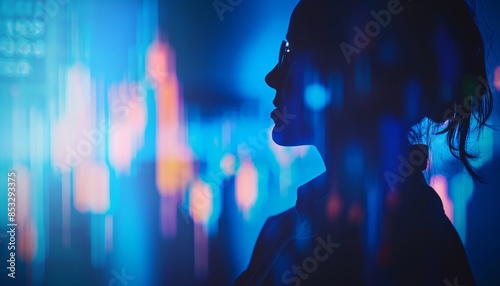 The face of a person is obscured by a digital square as they stand against a backdrop of colorful abstract digital graphics