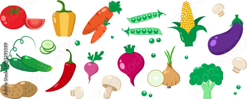 Cartoon vegetable icon, cute character set. Tomato, broccoli, carrot, onion, radish, corn, beetroot, pepper, cucumber, potato, mushroom, eggplant, pea. Funny food. Farm vector illustration