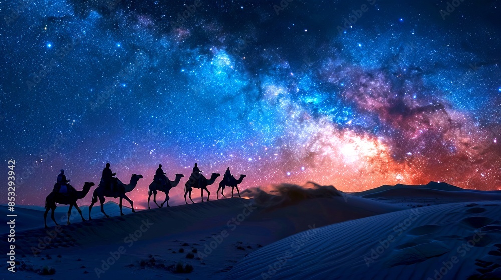 Naklejka premium Camel caravan silhouettes crossing desert under starry night sky. The scene is breathtaking with the milky way glowing brightly above the dunes. Perfect for travel blogs or adventure themes. AI.