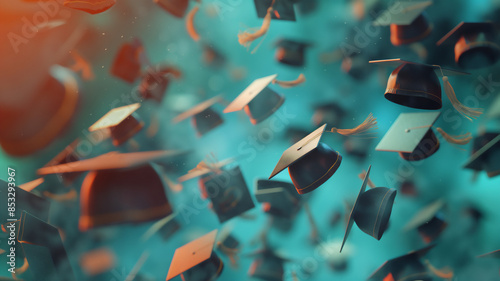 Floating graduation caps with tassels, celebrating academic achievement, against a dreamy teal and orange background. photo