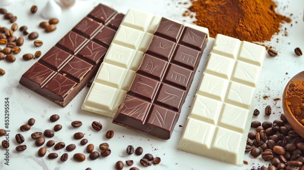 Delicious assortment of dark, milk, and white chocolate bars with coffee beans and cocoa powder. Perfect stock photo for culinary, confectionery, and food-related projects. Colorful visual appeal. AI