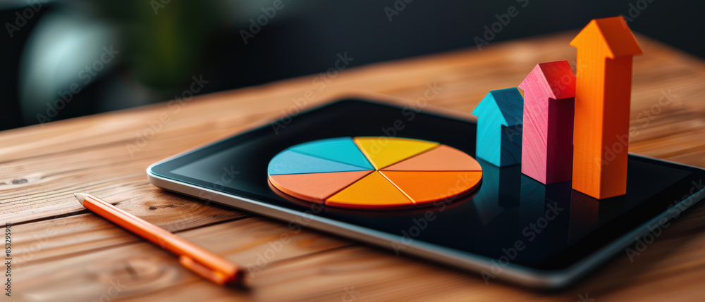 A tablet with a colorful pie chart and a stack of wooden blocks on top of it