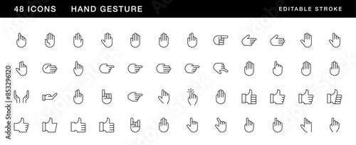 Hand gesture icon collection. Touch, gesture, hand, finger pointer, like, thumbs and more. Editable stroke. Pixel Perfect. Grid base 32 x 32