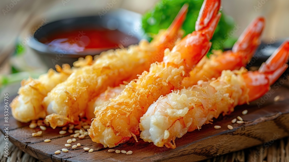 Crispy Tempura Shrimp on Wooden Cutting Board Crispy Tempura Shrimp on Wooden Cutting Board