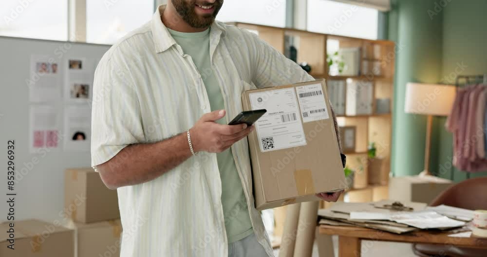 Fashion designer, phone and boxes for courier service, delivery and logistics in startup office or small business. Man, seller reading and typing on mobile app for e commerce with package order