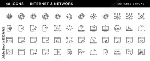 Network icon collection. Internet icon set. Globe, website, connection, browser, wireless and more. Editable stroke. Pixel Perfect. Grid base 32 x 32.