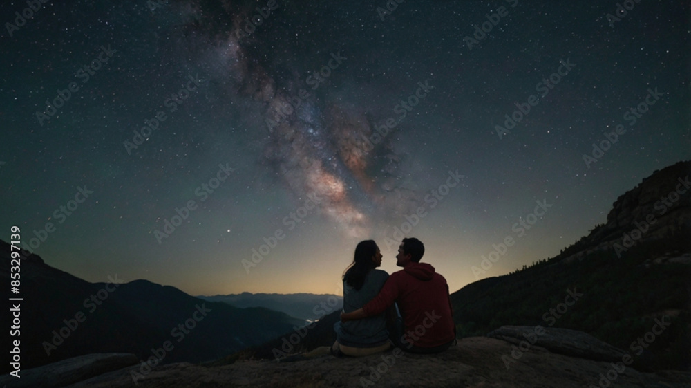 The image depicts a couple sitting on a rock or ledge overlooking a mountainous landscape under a clear, starry night sky. The Milky Way galaxy is prominently visible, stretching across the sky with i The image depicts a couple sitting on a rock or ledge overlooking a mountainous landscape under a clear, starry night sky. The Milky Way galaxy is prominently visible, stretching across the sky with i