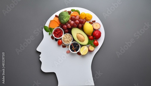 Healthy products for the brain on a gray background