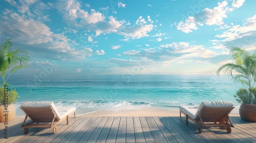 A beach scene with a wooden deck and a view of the ocean