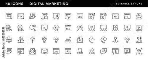 Digital marketing icon collection. Promotion icon set. Browser, ads, focus, research, search engine, promote and more. Editable stroke. Pixel Perfect. Grid base 32 x 32.