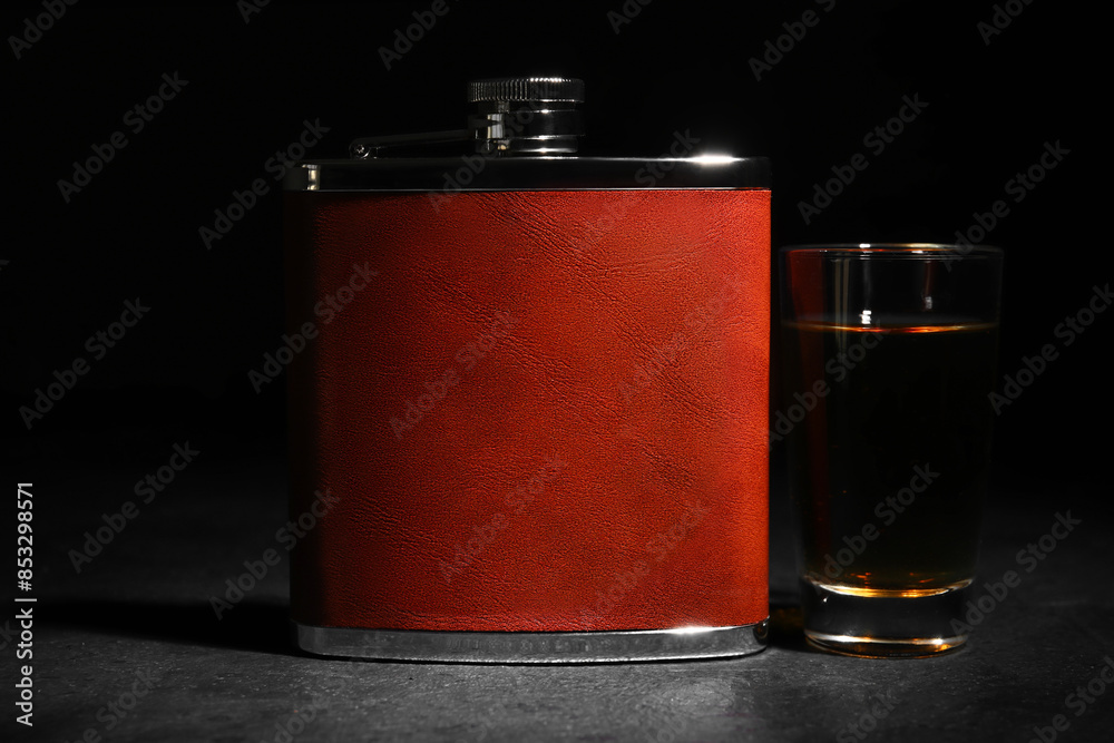 New hip flask and glass of whiskey on dark background New hip flask and glass of whiskey on dark background