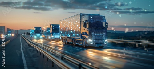 Futuristic cargo trucks on highway at sunset showcasing advanced technology and transportation