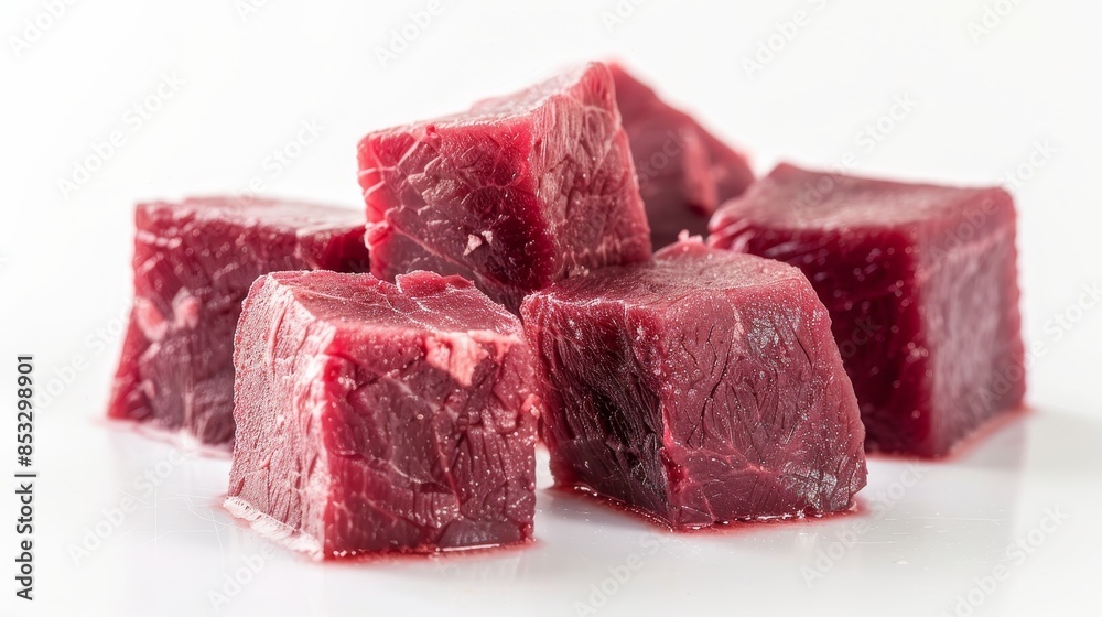Fototapeta premium Raw meat cubes isolated on white wallpaper background