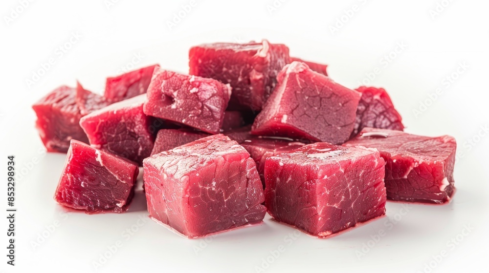 Raw meat cubes isolated on white wallpaper background Raw meat cubes isolated on white wallpaper background