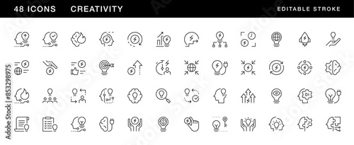Creativity icon collection. Idea, inspiration, thinking, brainstorming, productivity, invention, progress and more. Editable stroke. Pixel Perfect. Grid base 32 x 32.