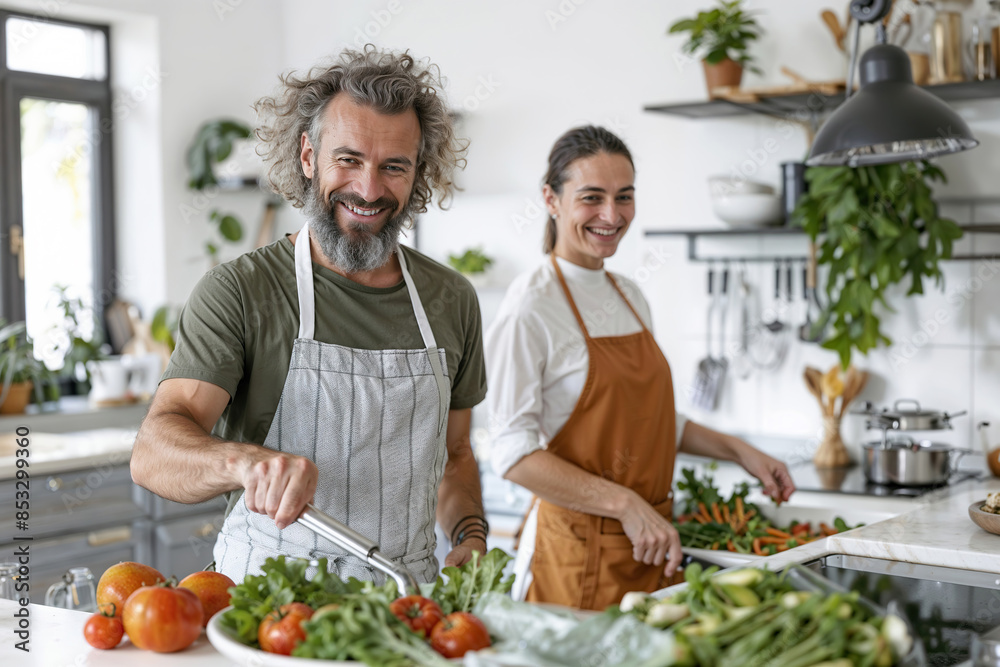 A couple prepares a meal together in their modern kitchen. They are both wearing aprons and smiling A couple prepares a meal together in their modern kitchen. They are both wearing aprons and smiling