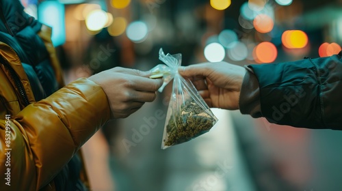 Two people in jackets exchanging a small transparent bag of an object on an urban street at night. The blurred lights in the background indicate a busy city environment. AI photo