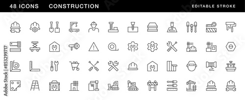 Construction icon collection. Equipment, maintenance, instrument, measure, grinders, labour, renovation and more. Editable stroke. Pixel Perfect. Grid base 32 x 32.